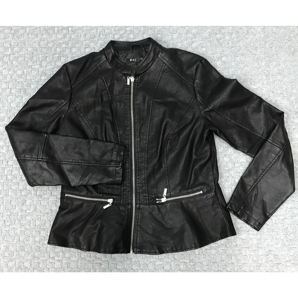 Baccini Jackets & Blazers - Baccini Jacket Womens Medium Black Faux Leather Moto Zip Up Peplum Biker Fitted